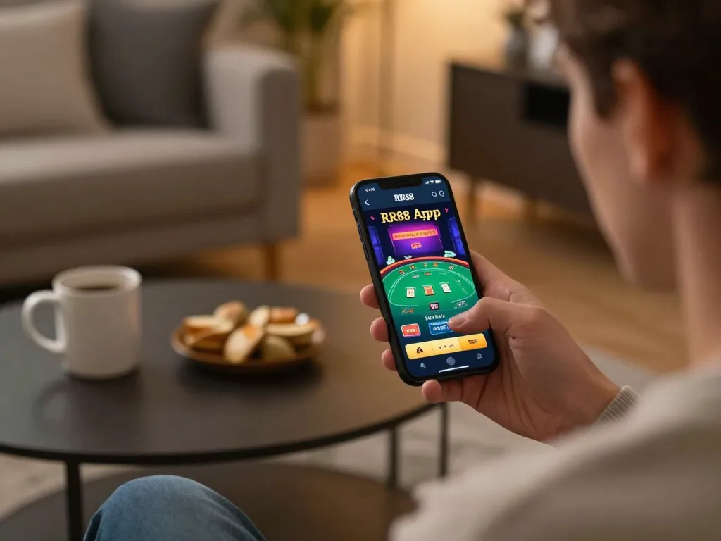 Using the RR88 App for live casino gameplay, player enjoying a blackjack session at home