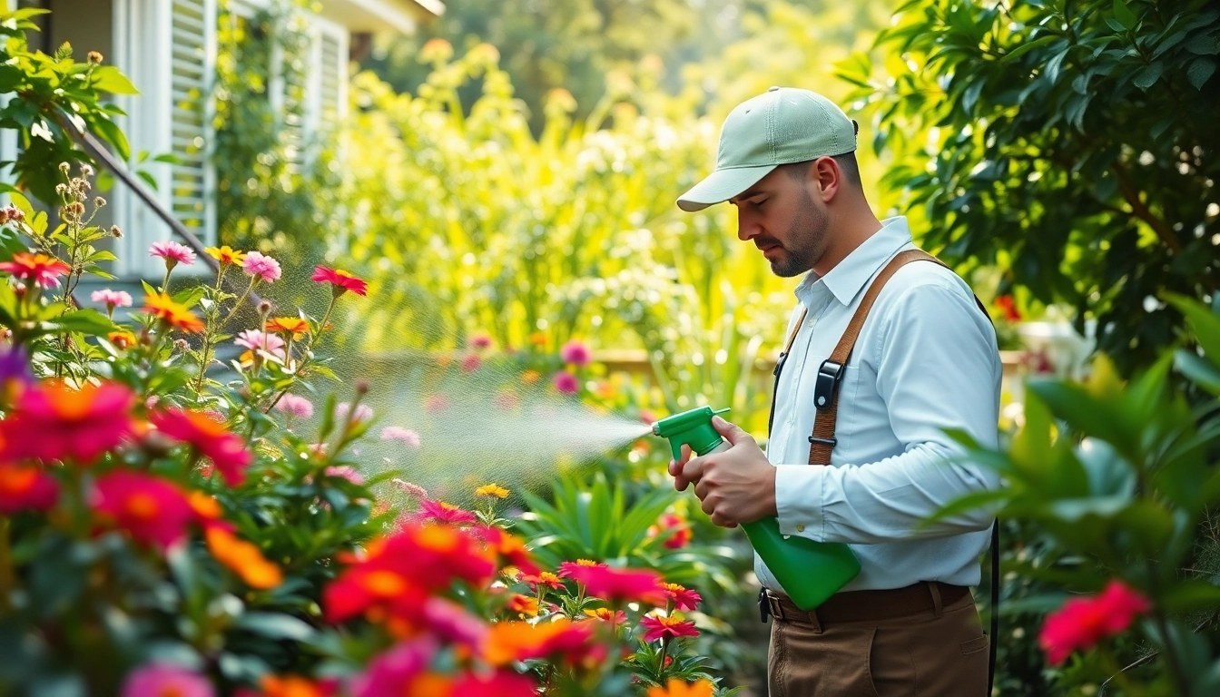 Eco friendly pest treatment in action, showcasing a technician using natural solutions in a vibrant garden.