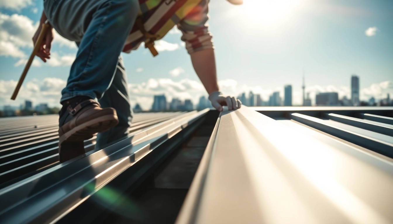Install metal roofing toronto with a skilled worker applying sleek panels in an urban environment.