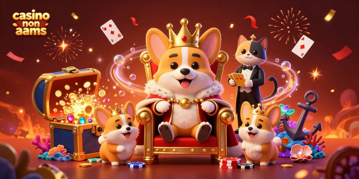 Scopri la vivace scena di un casino non AAMS, con un corgi reale e un maggiordomo gatto, circondati da un tesoro abbagliante.