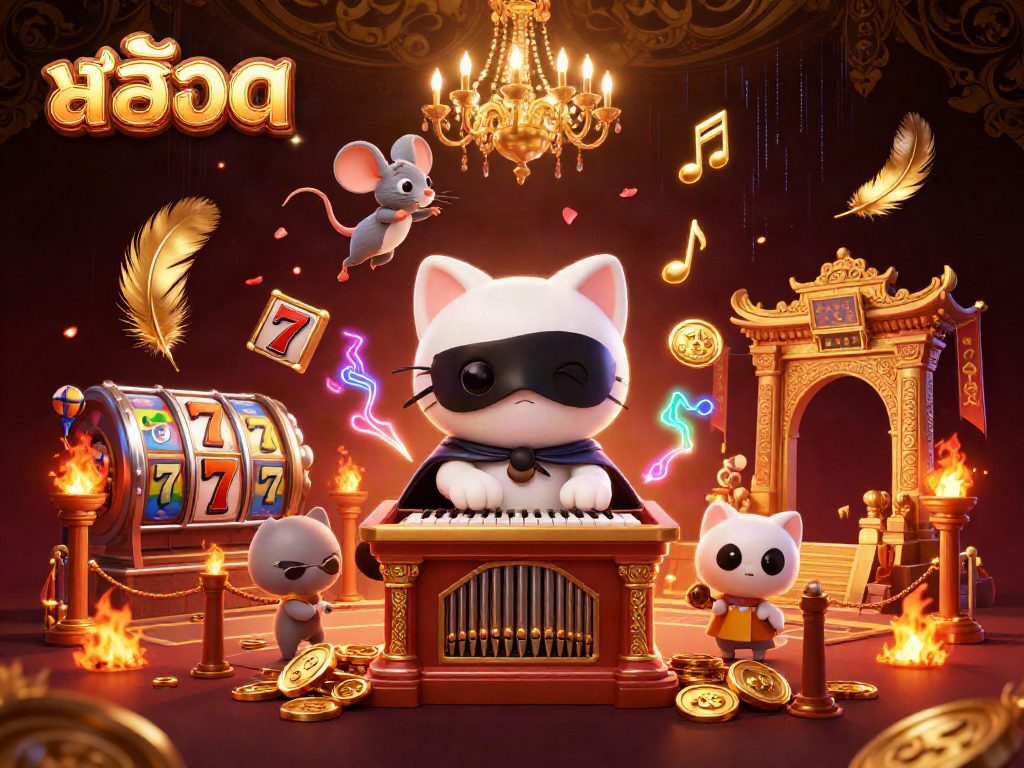 Spin the สล็อต slots with a vibrant cartoon scene of a casino featuring a phantom cat and ornamental designs.