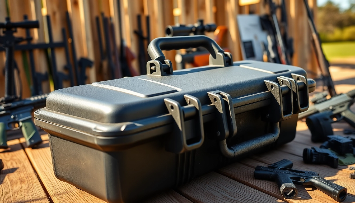 View a pelican rifle case showcased on a shooting range with premium accessories.