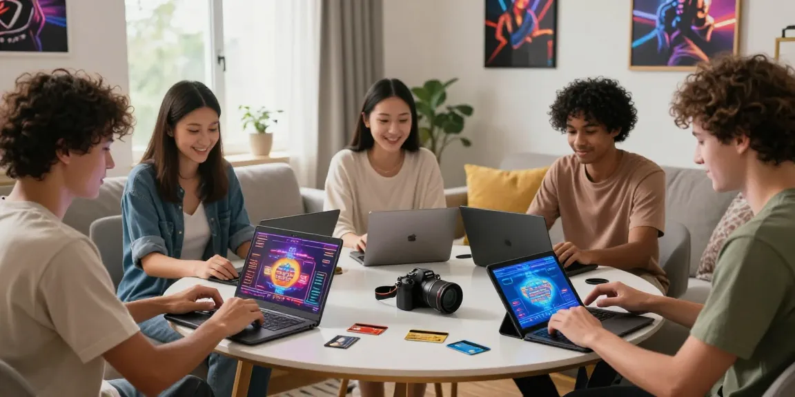 Enthusiastic players enjoying their time at credit card casinos at https://ibn.org.uk, surrounded by modern gaming gear and a lively atmosphere.