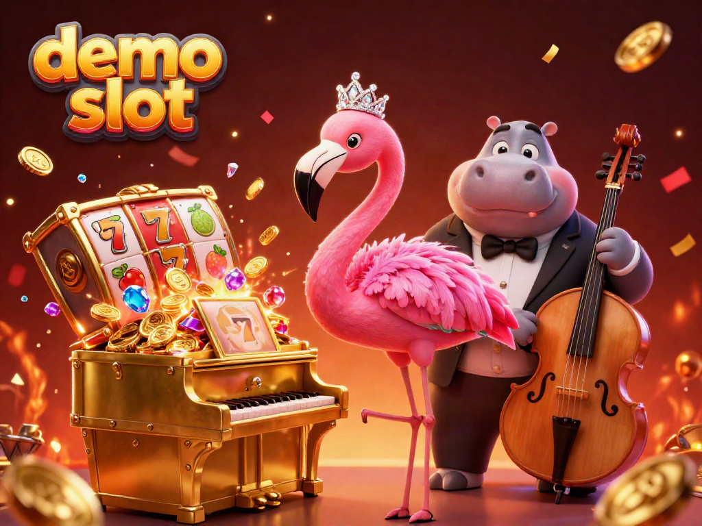 Experience the excitement of a demo slot with a vibrant 3D digital illustration showcasing casino-themed characters and elements.
