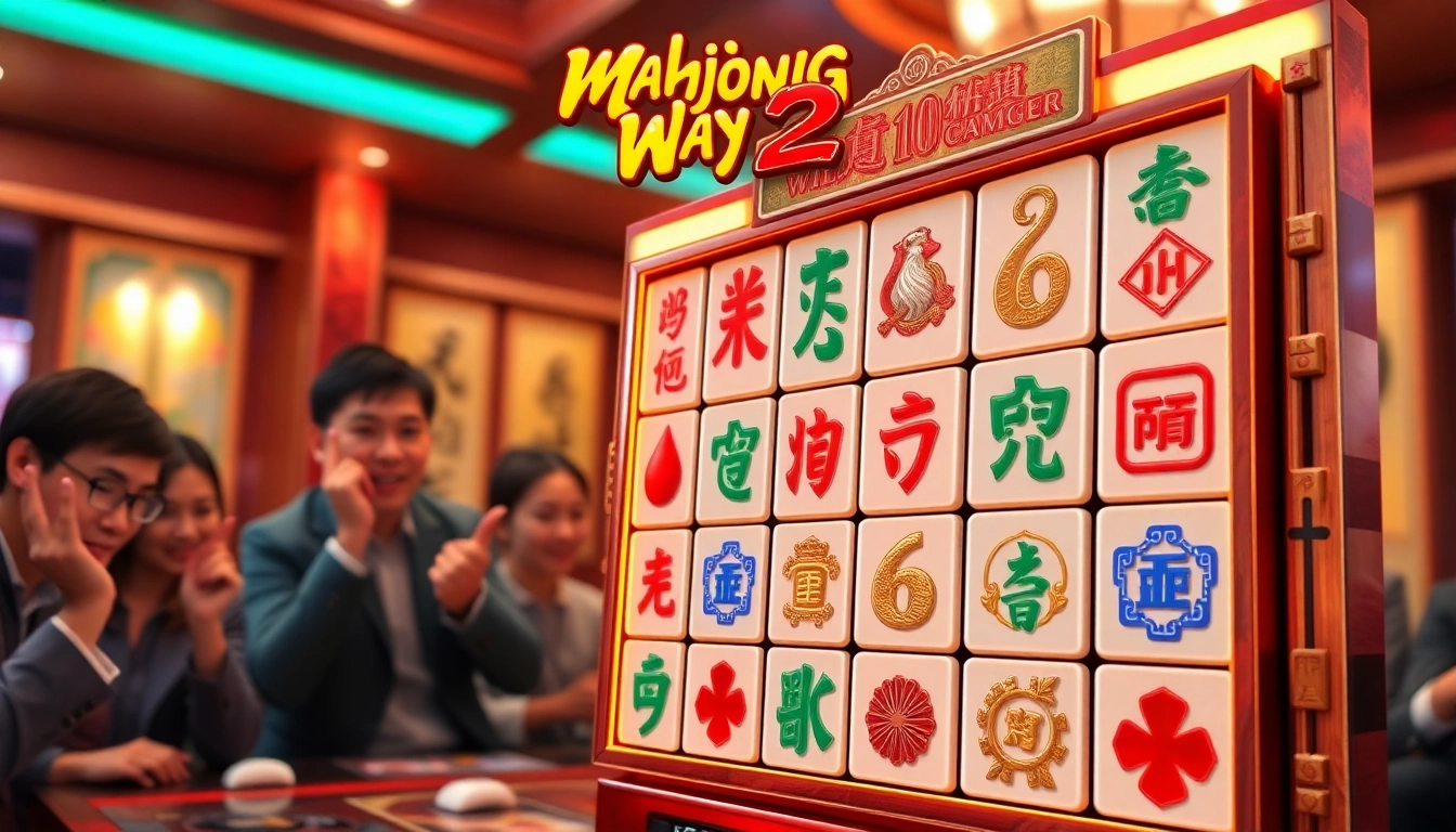 Menggambarkan gameplay Mahjong Ways 2 dengan simbol berwarna cerah dan suasana bermain yang semarak.