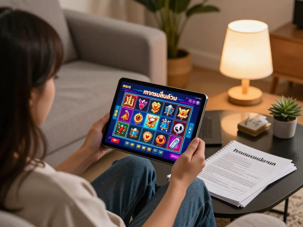 Engaging in ทดลองเล่นสล็อต on a tablet in a warm home setting with gaming strategies visible