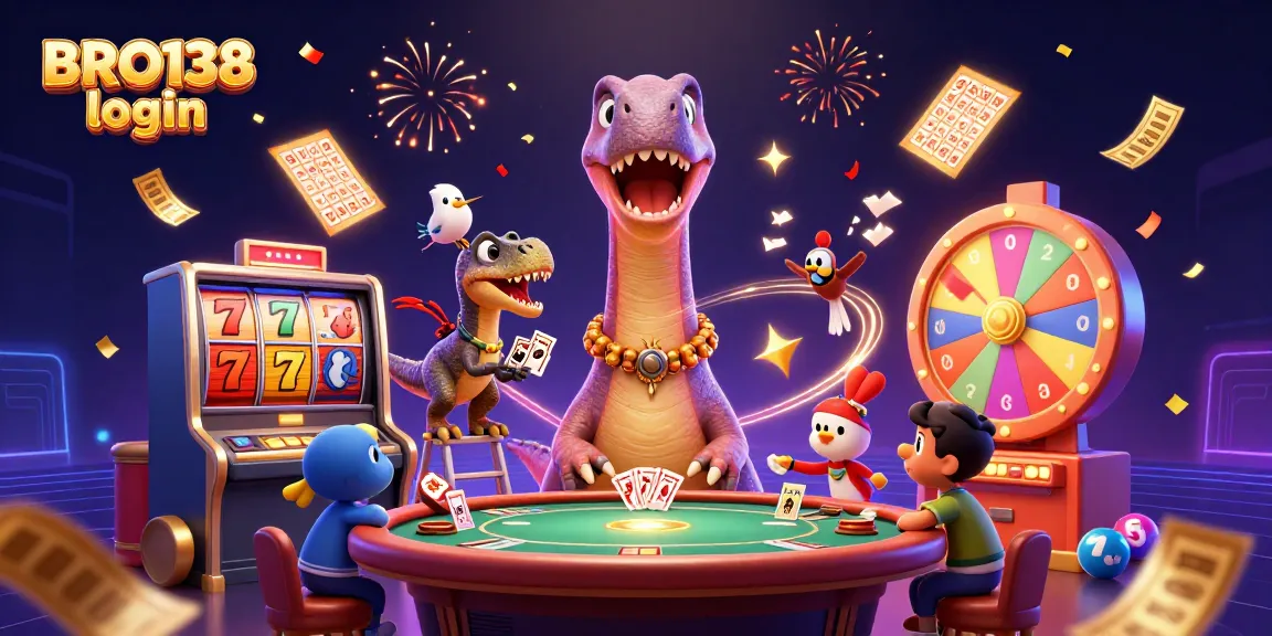 Experience the excitement of BRO138 login with vibrant slot reels and a dynamic casino scene.