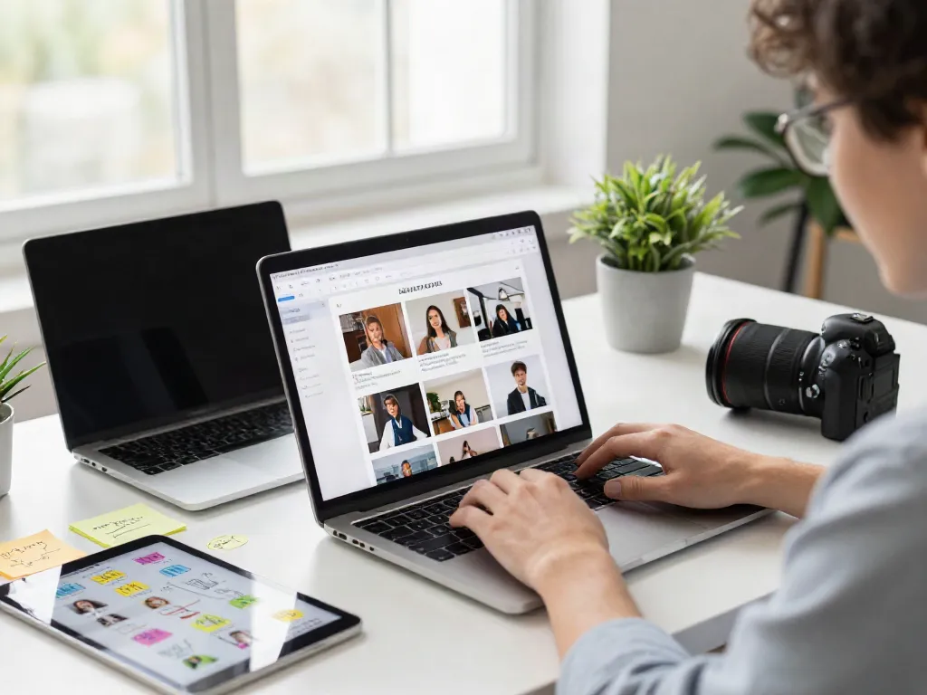 Engaging workspace scene with a person exploring insanony for anonymous Instagram story viewing using laptop and devices.