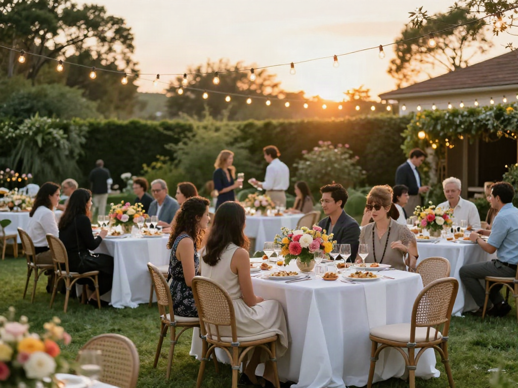 Event furniture rental set up beautifully for outdoor garden party with elegant tables and cheerful guests.