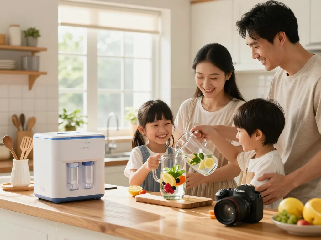 Family enjoying fresh fruit-infused water using Waterdrop 4396508 Refrigerator Water Filter in a bright kitchen.
