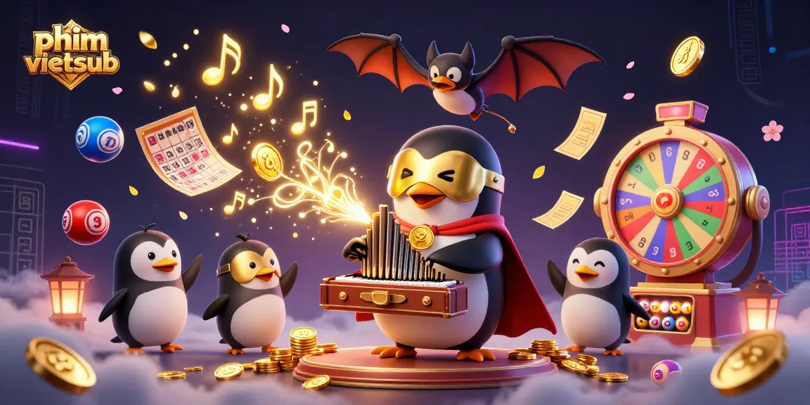 Engaging scene of the 3D cartoon penguin and bat acrobat celebrating the excitement of phim vietsub-themed gambling activities.