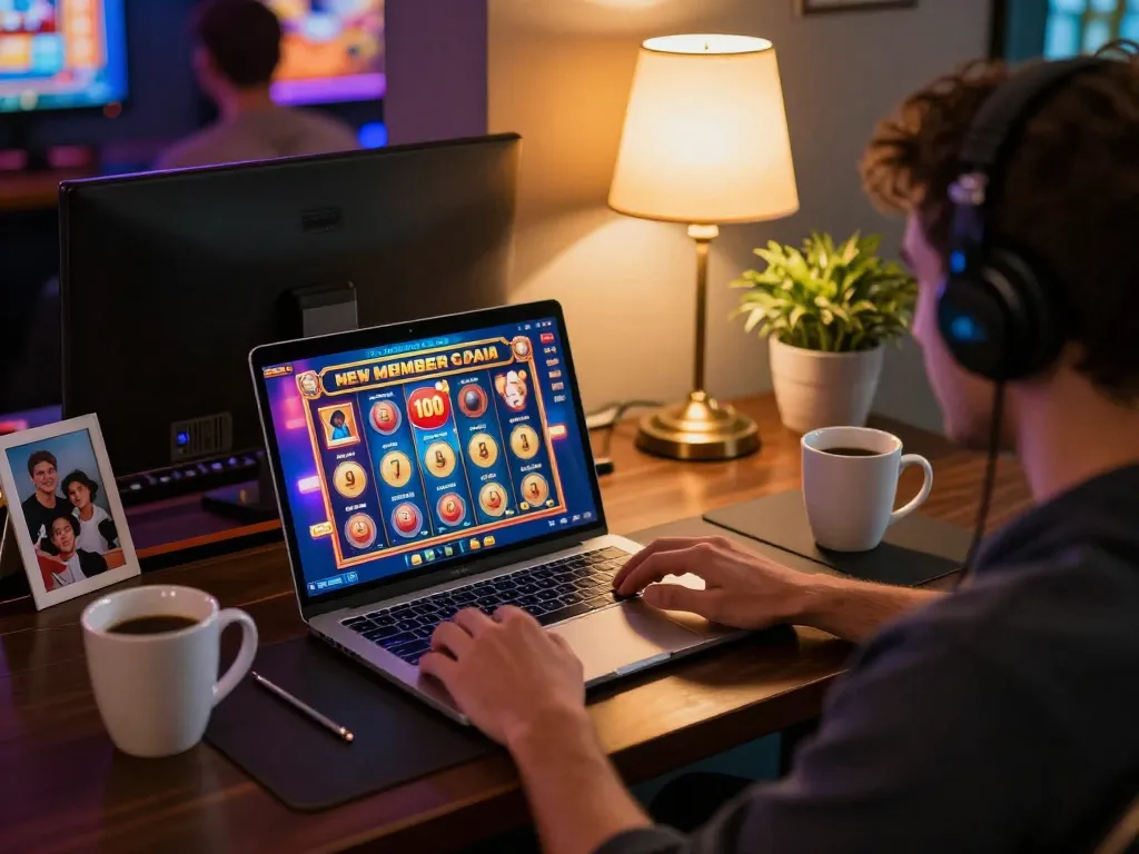 Engaging in online gaming with the slot bonus new member 100 at home, showing excitement and strategy.