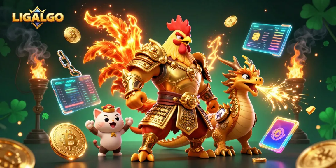 LIGALGO showcases a vibrant 3D illustration of a rooster warrior and dragon hatchling in a dynamic gaming environment.