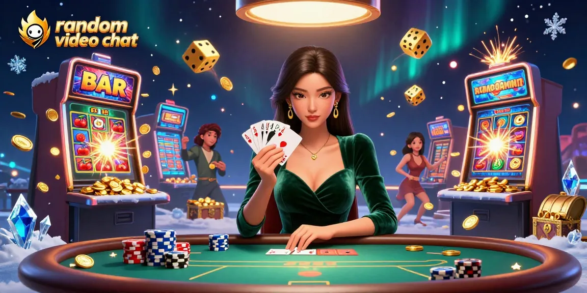 Engage in random video chat filled with energy, featuring vibrant casino elements and characters.