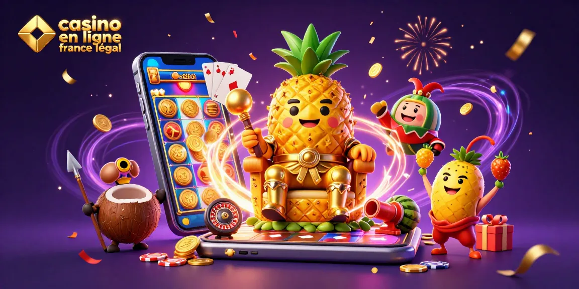Illustration vibrante représentant un roi ananas en 3D sur son trône au casino en ligne France légal, entouré de personnages ludiques.