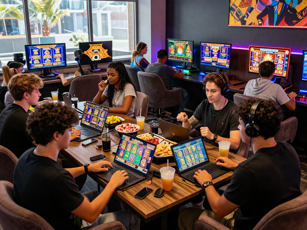 Excited players enjoying various slot kamboja games in a lively gaming lounge, illuminated by colorful screens and ambient lights.