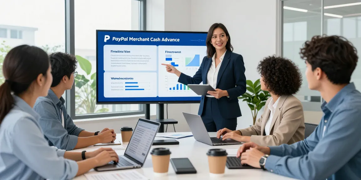 Team collaborating in an office discussing PayPal merchant cash advance benefits and financing options.