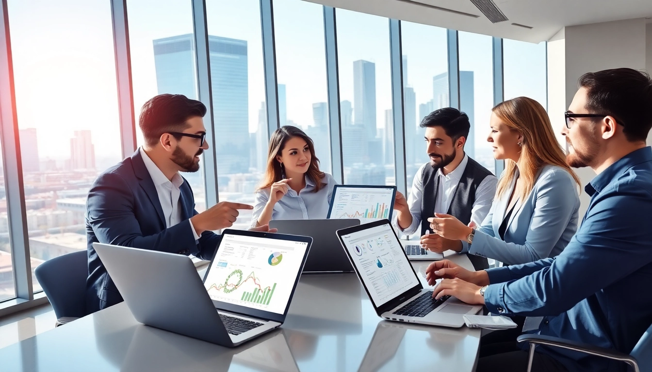 Analyze competitive intelligence data in a modern office with engaged professionals.