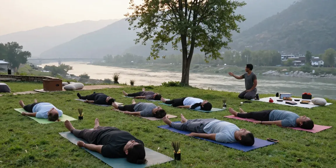 Participants enjoying the best yoga retreat in Rishikesh with a scenic mountain backdrop and serene atmosphere.