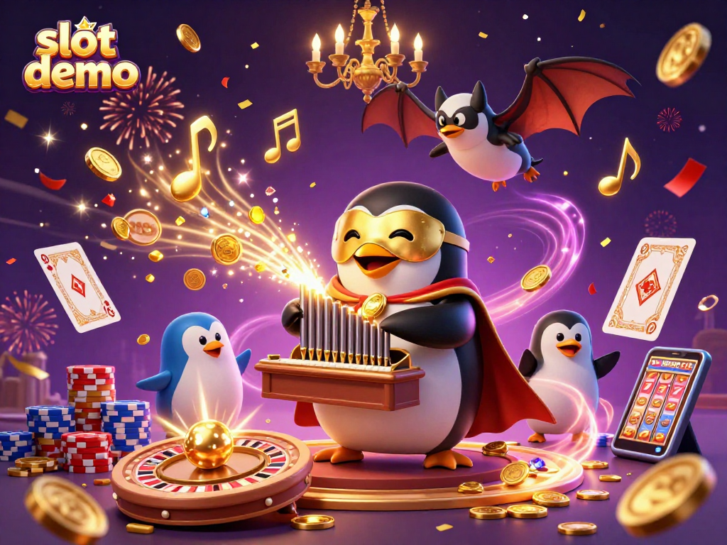 Slot demo menampilkan penguin opera bermain alat musik yang menghasilkan koin emas, dikelilingi elemen kasino.