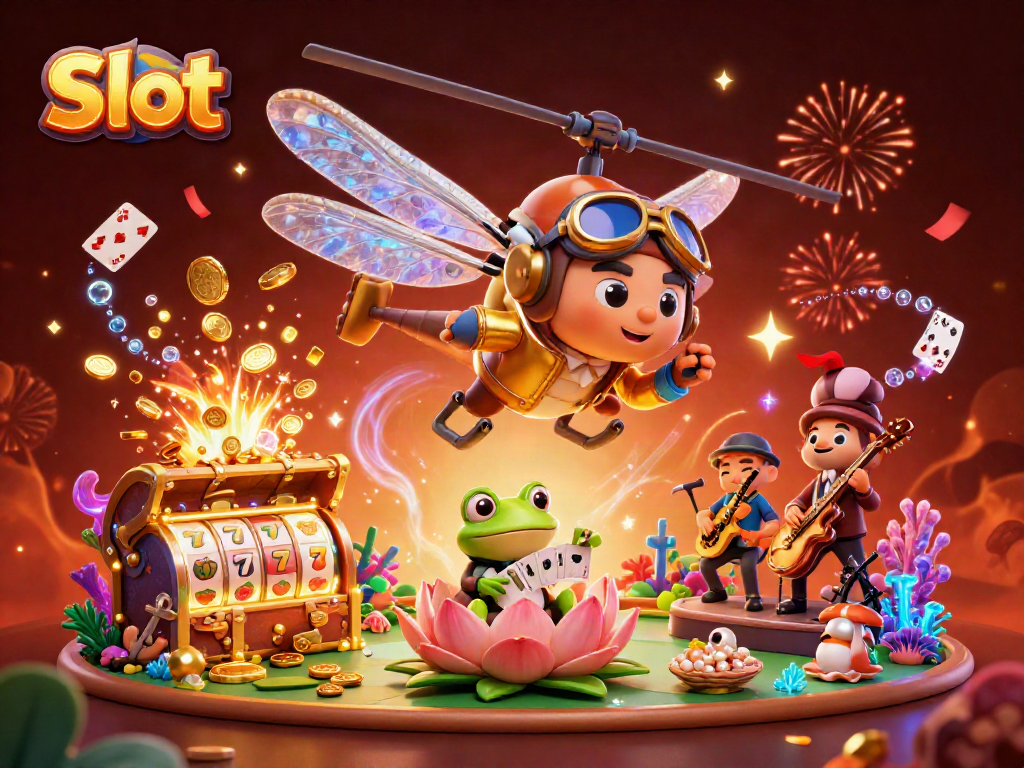 Engage in the exciting world of Slot gaming with a lively 3D cartoon scene featuring vibrant characters.