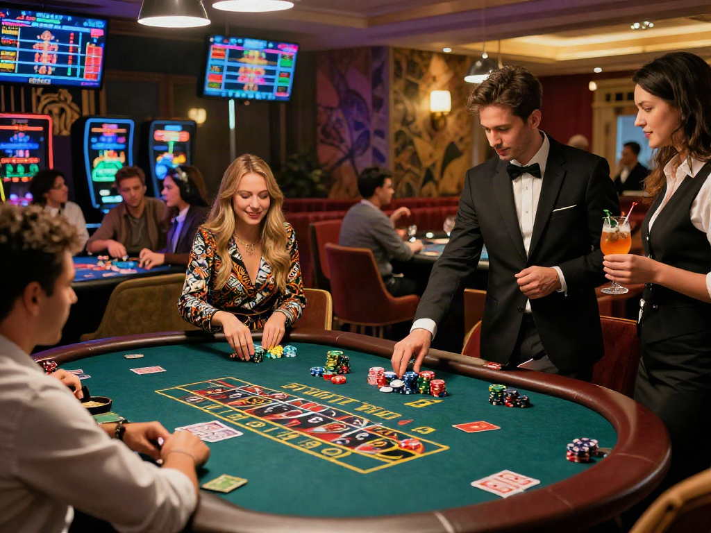 Exciting live casino gaming scene with players at blackjack and roulette tables, showcasing a dynamic atmosphere.