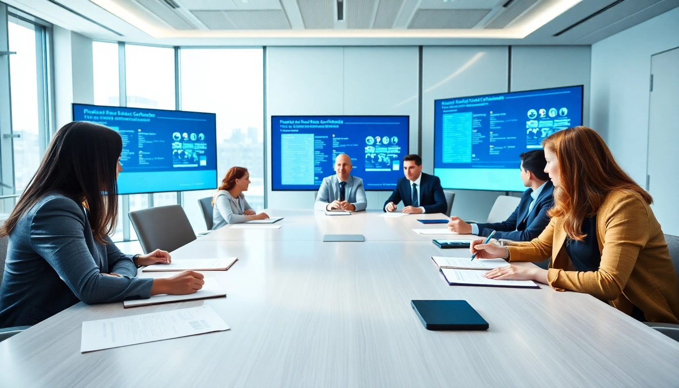 Engaged professionals discussing Federal and State contracts in a modern office setting.