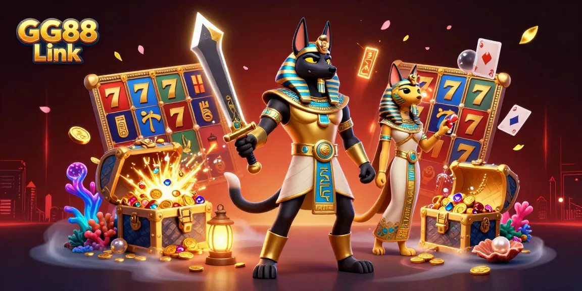 Experience winning adventures with GG88 Link in this vibrant 3D casino illustration featuring Anubis and Bastet.