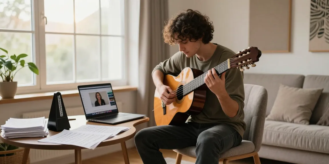 Focused musician engaging in online classical guitar lessons in a serene home studio.