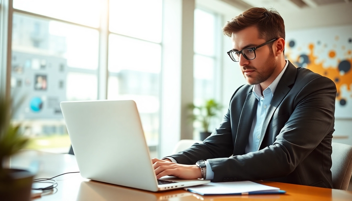 Using a linkedin search results scraping tool in a modern office environment.