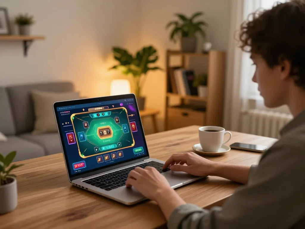 Engaged player enjoying Agen Casino Online gaming experience in a modern home setting.