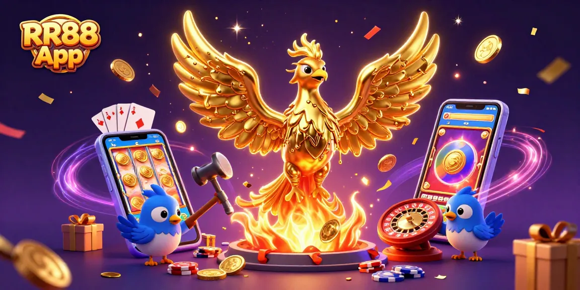 Experience the thrilling RR88 App with 3D golden phoenix and casino elements alive in vibrant action.