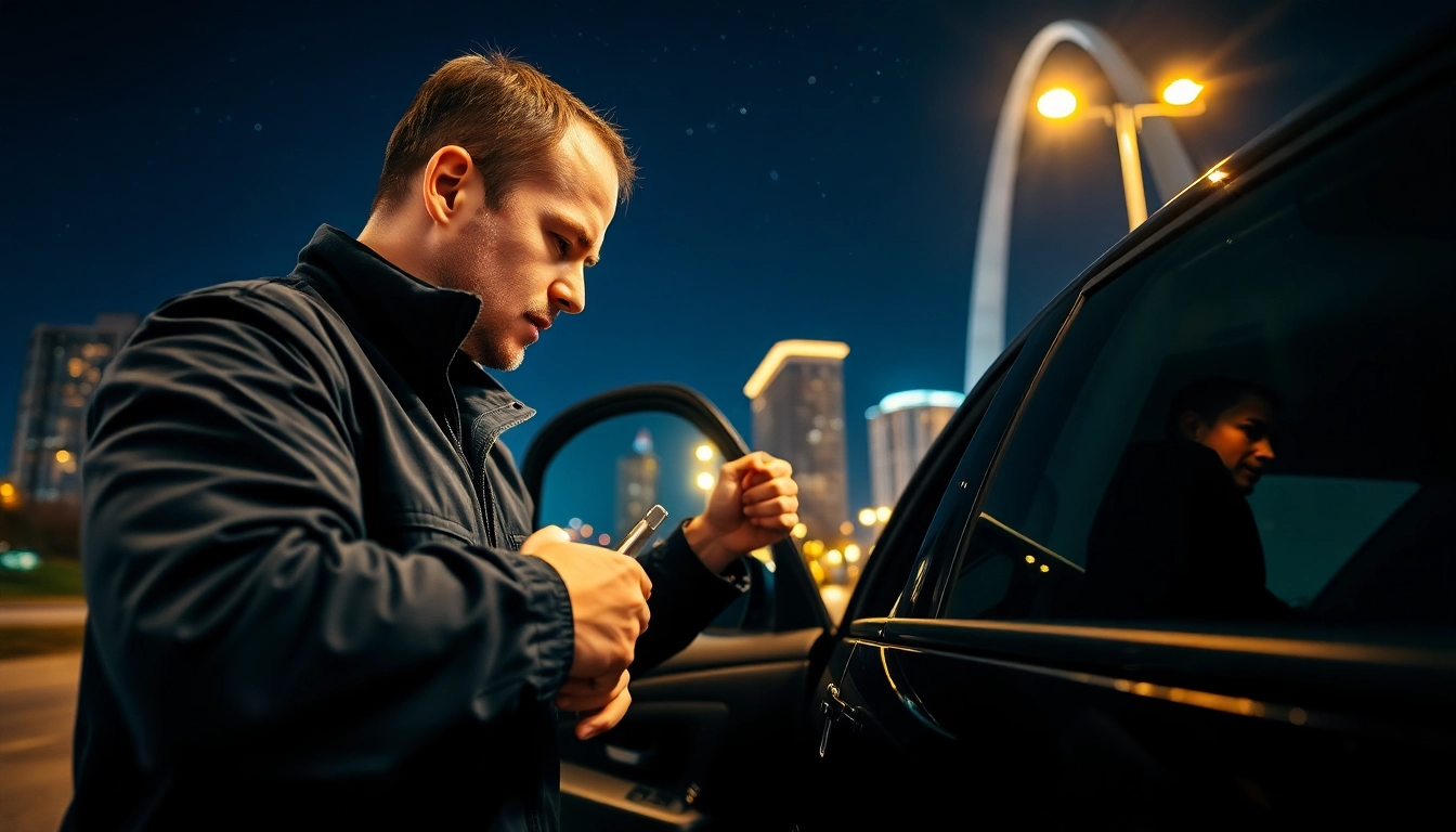 Emergency locksmiths in St. Louis, MO assisting a customer at night with advanced tools.
