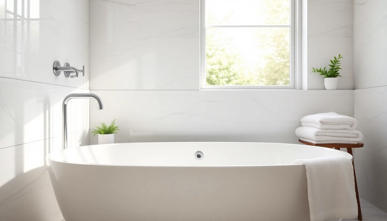 Vasca da bagno elegante nella moderna stanza da bagno con luce naturale.
