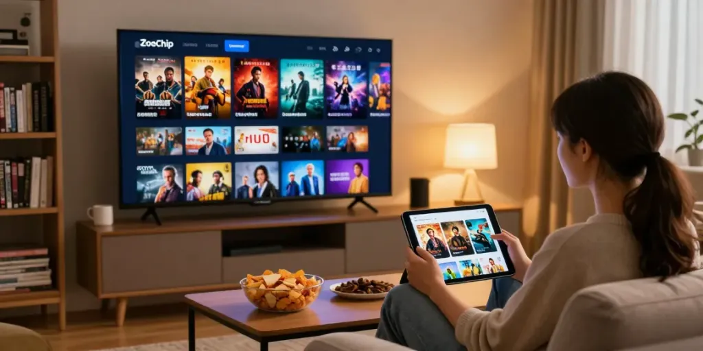 Enjoying ZoeChip streaming movies in a cozy living room.
