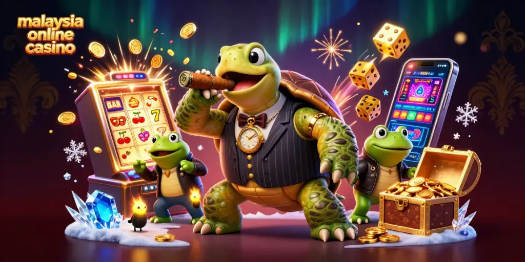 Experience the excitement at malaysia online casino with a vibrant 3D illustration featuring fun characters and casino elements.