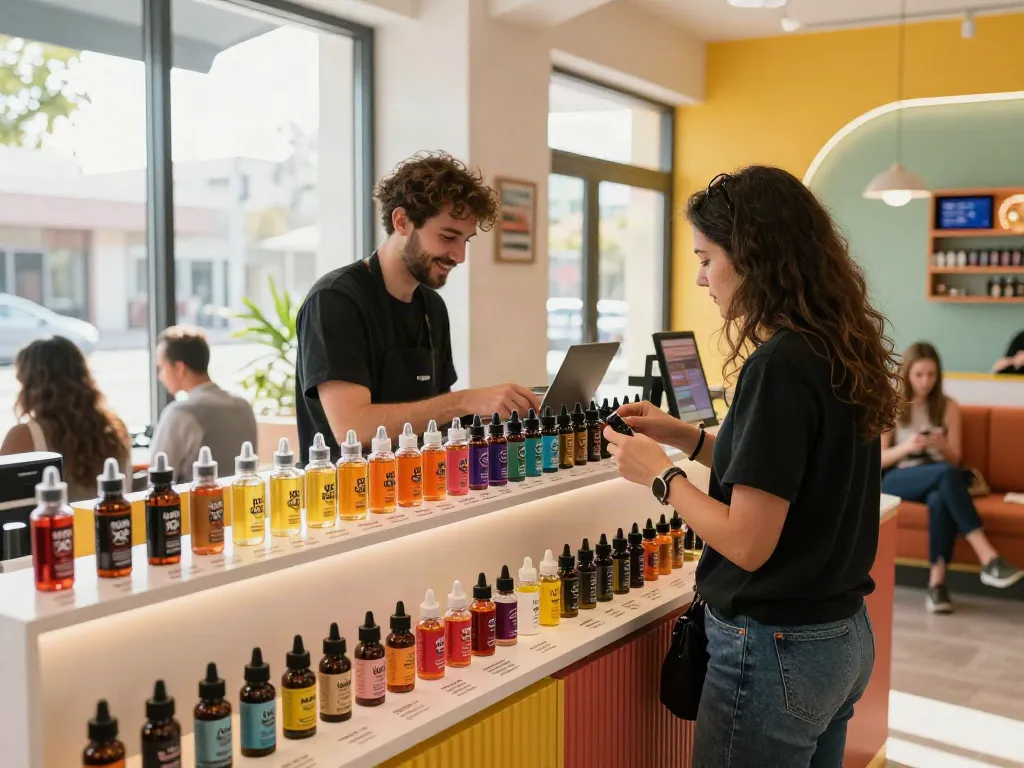 Explore the vibrant variety of Noms X2 vape juice flavors in an inviting vape shop setting.