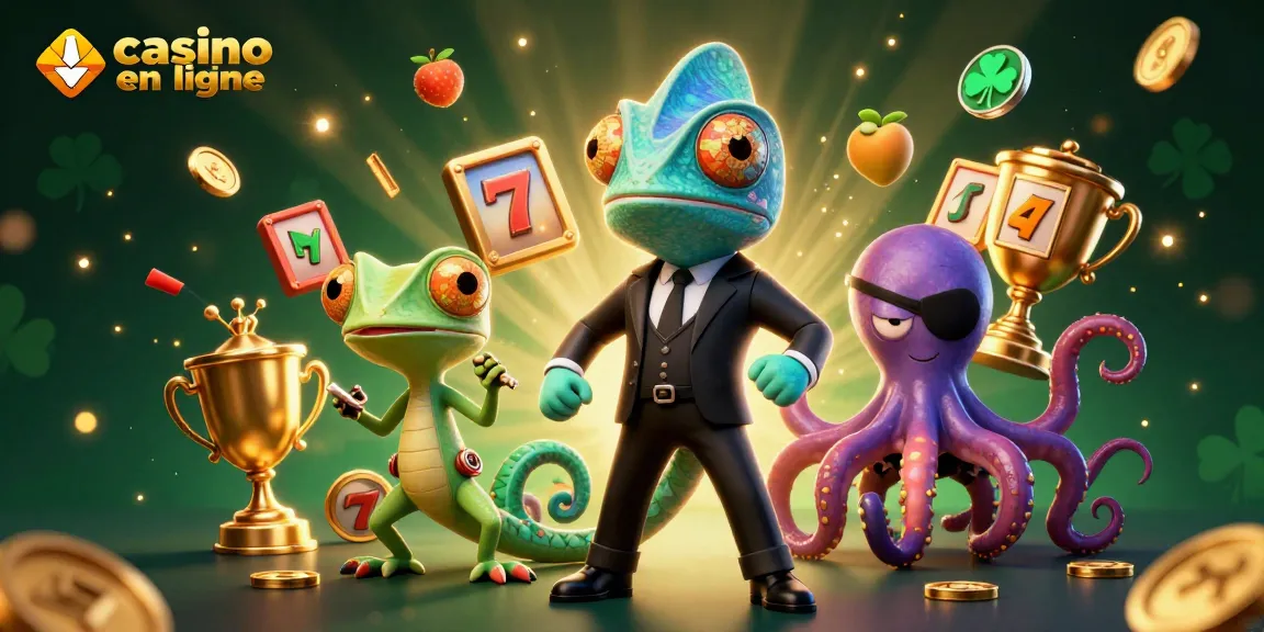 Jouer aux machines à sous en ligne dans un casino en ligne, avec un caméléon agent secret et un gecko ingéniosité entourés de symboles colorés.