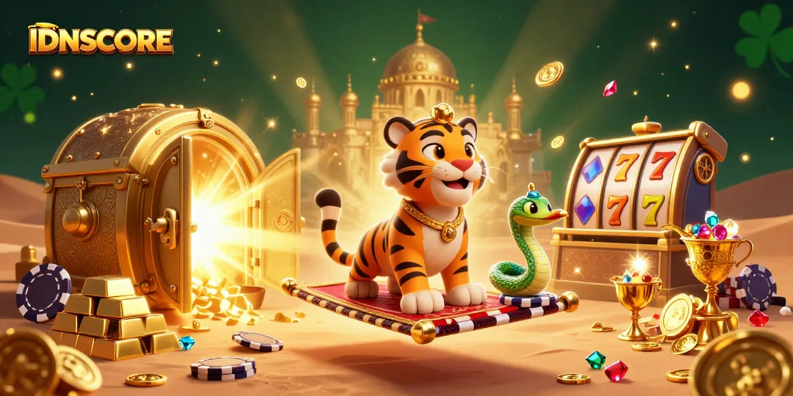 IDNSCORE showcases an exciting 3D animated casino scene with a tiger sultan and treasures.
