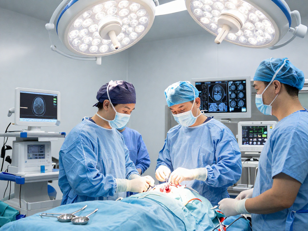 Beyin tümörü ameliyatı in an operating room showing skilled neurosurgeons performing a craniotomy.