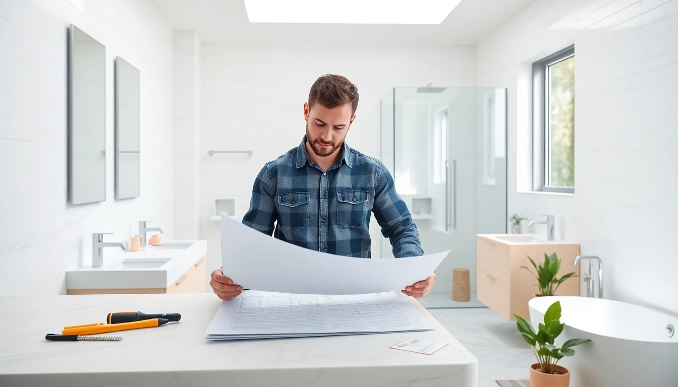 Bathroom contractors near me discussing renovation plans in a beautifully designed bathroom.