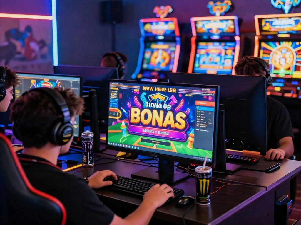 Exciting online casino scene showcasing players engaging with a bonus new member promotion on screen, vibrant gaming atmosphere.