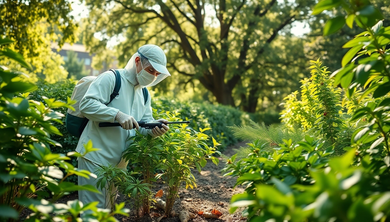 Eco friendly insect removal professional treating a garden with natural solutions.