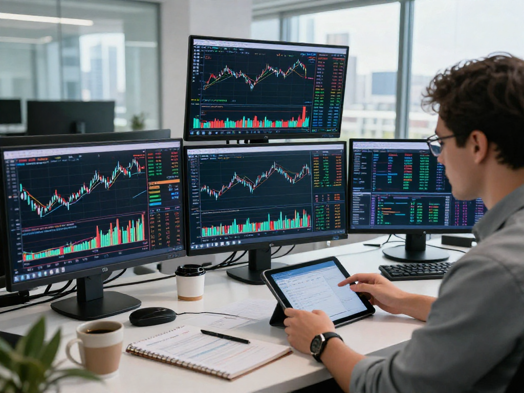 使用 tradingview 进行股票和外汇分析的交易员在现代办公室内专注工作