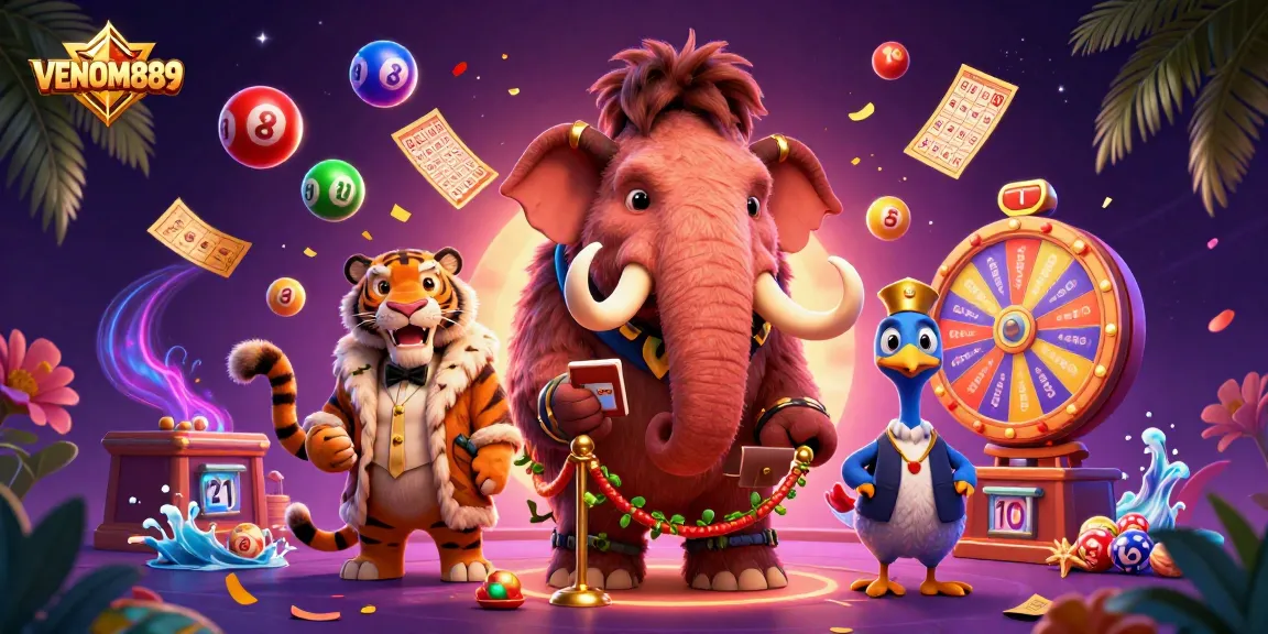 Experience the thrilling action of VENOM889 with dynamic lottery elements and playful characters in a vibrant casino scene.