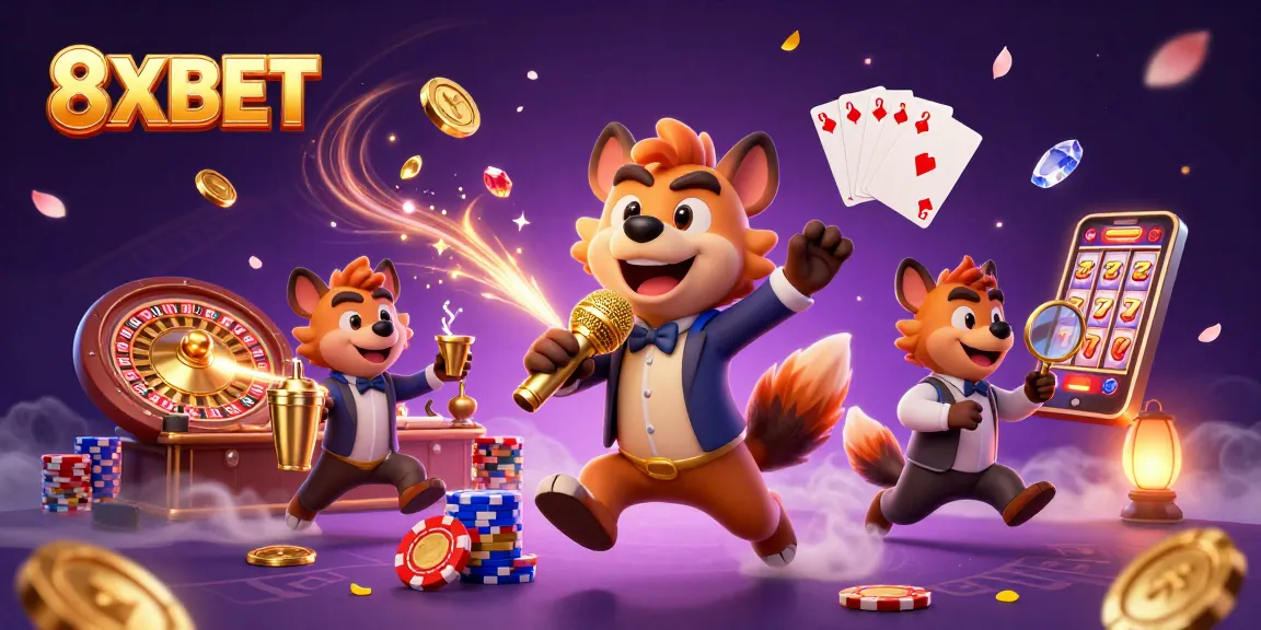 8XBET casino characters entertain with comedy while surrounded by casino elements and golden coins.