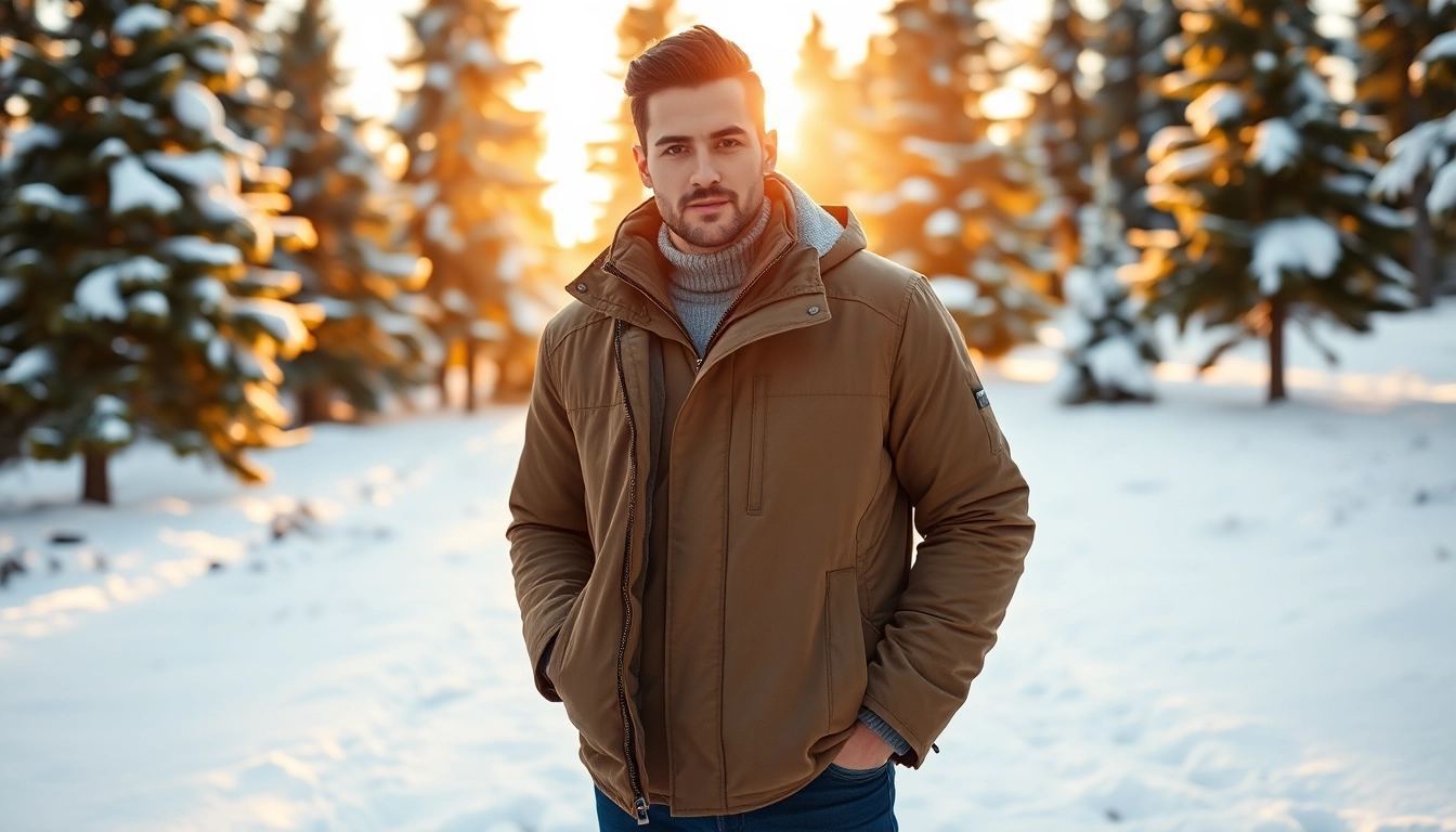 Shop for winter jackets online featuring stylish designs in a winter landscape.