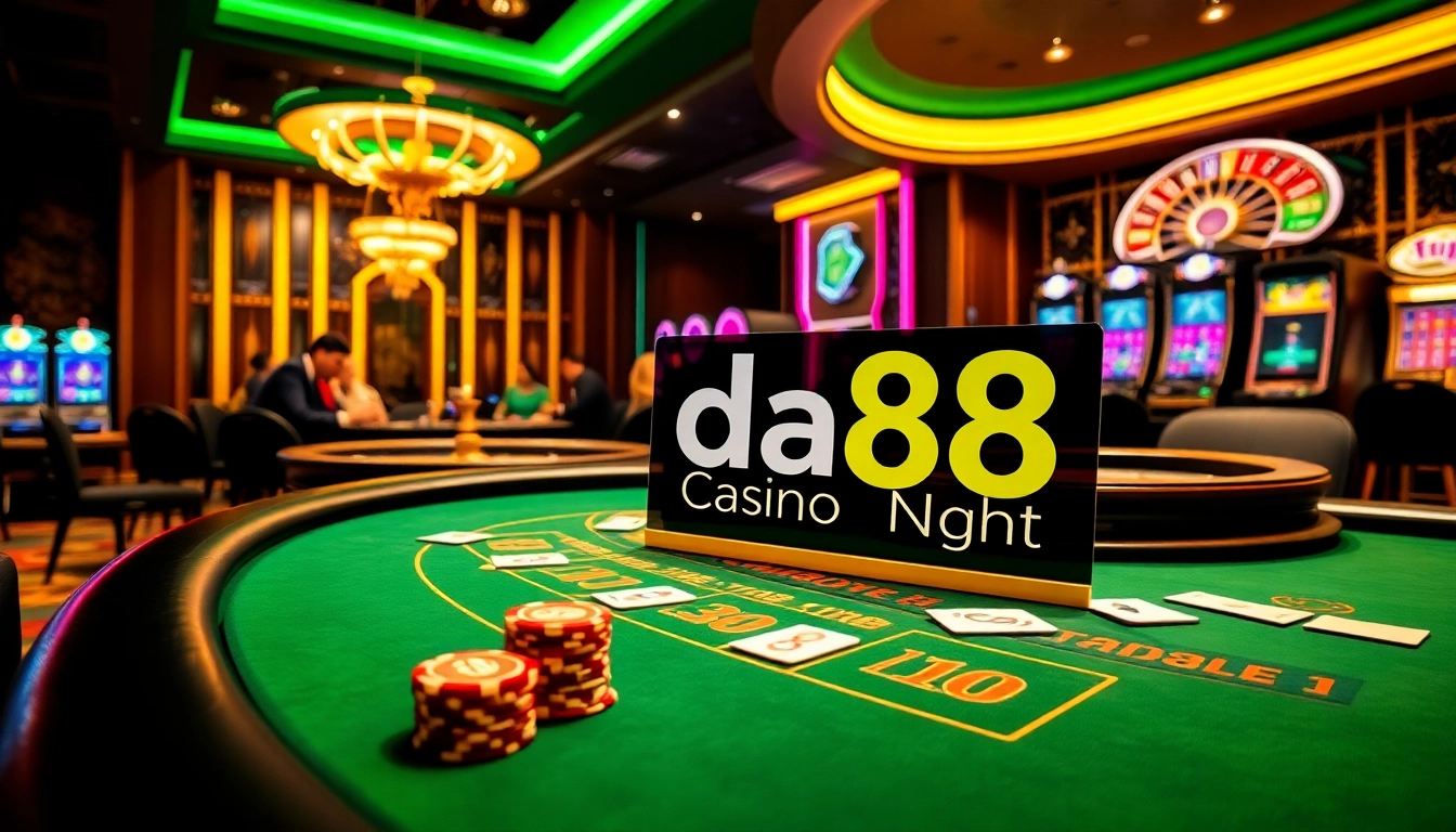A dynamic blackjack scene at da88 Casino, featuring vibrant chips and cards amidst a luxurious setup.