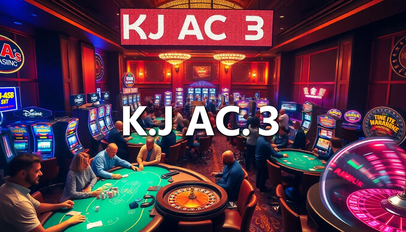 Exciting KJC AC 3 casino scene with players at poker tables and slot machines.