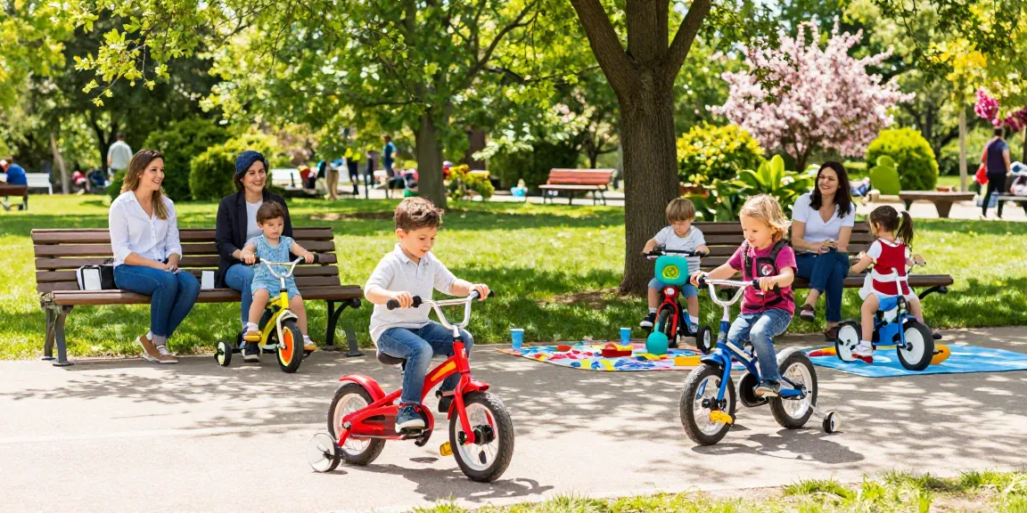 Children riding best kids tricycles in a sunny park, showcasing joyful outdoor play.